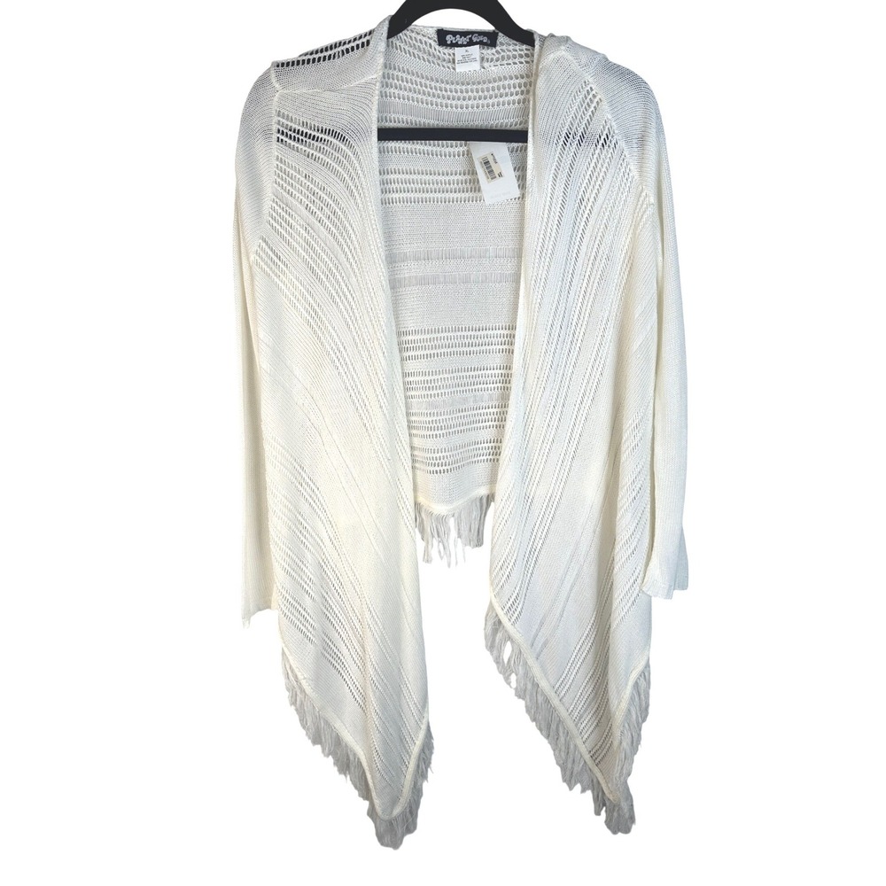 Planet Gold Women's Cream Fringe Pointelle Waterfall Cardigan Size XL